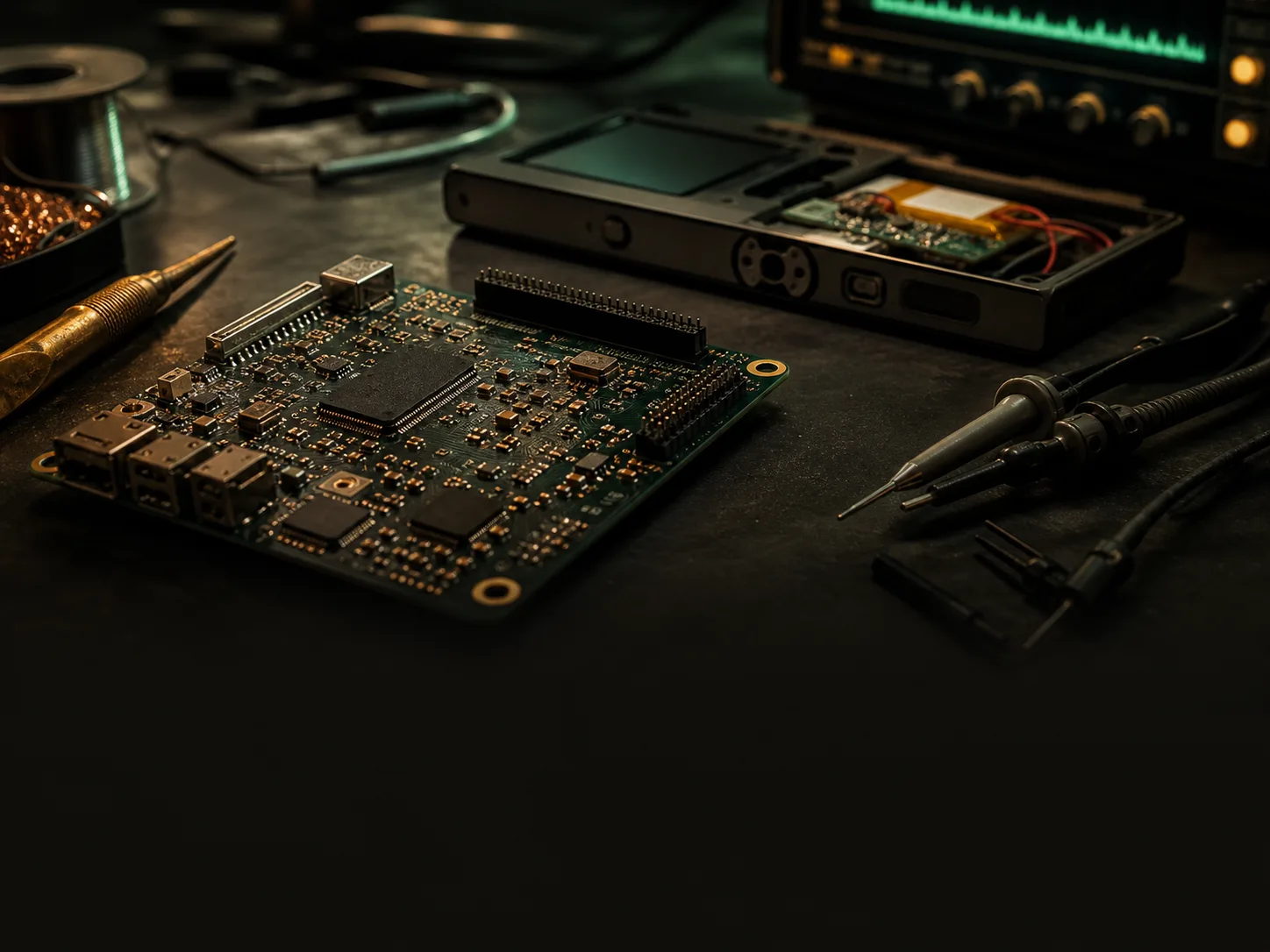 PCB, partly disassembled handheld device, oscilloscope and soldering tools