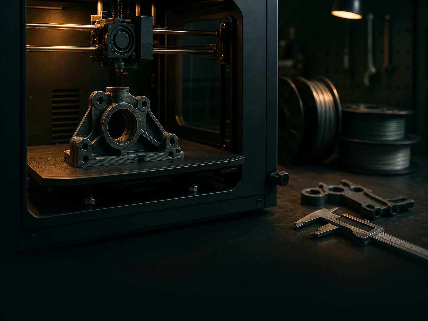Enclosed 3D printer printing an industrial bracket, with filament spools and calipers