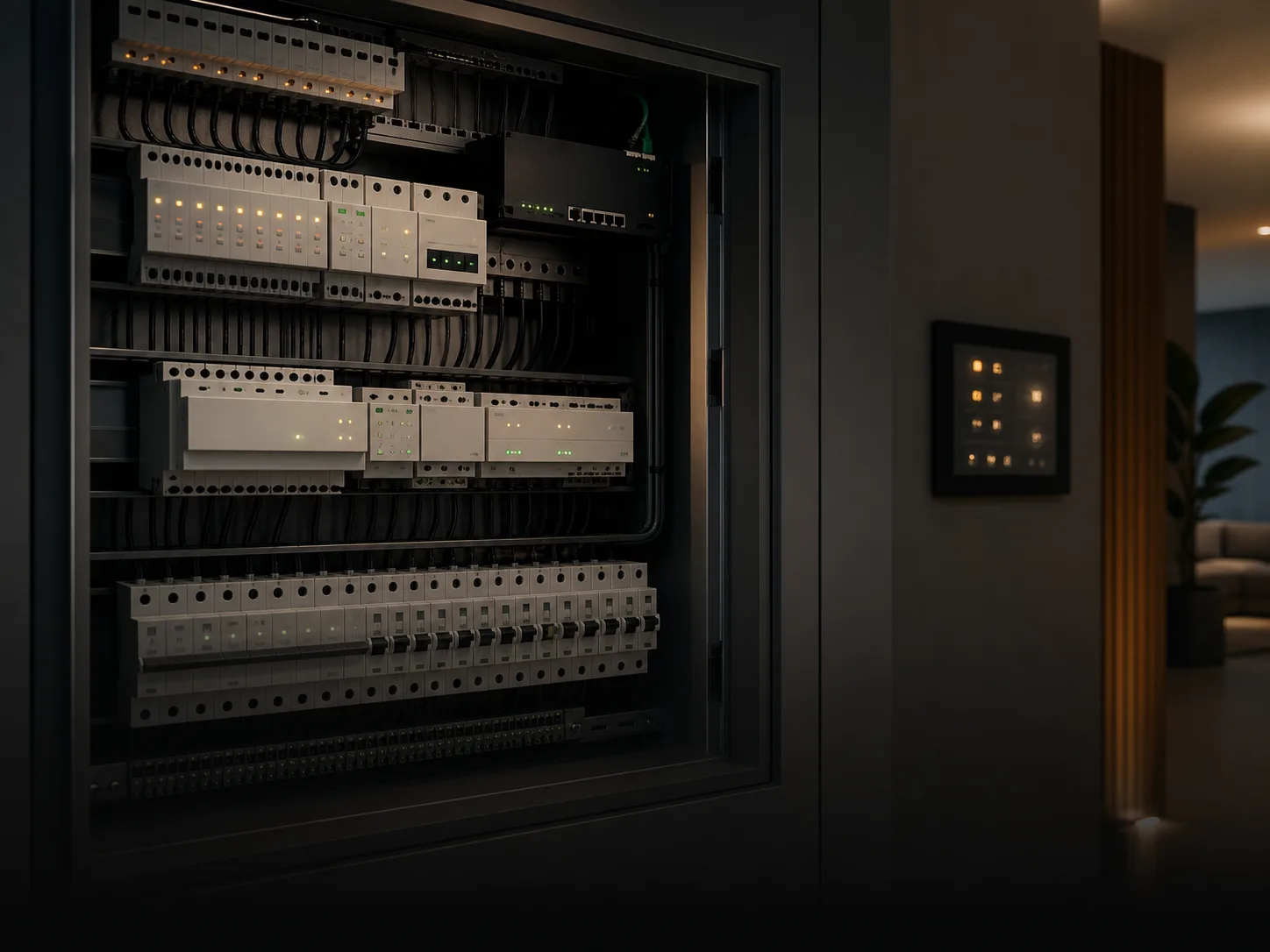 Electrical cabinet with control modules and a wall-mounted touch panel