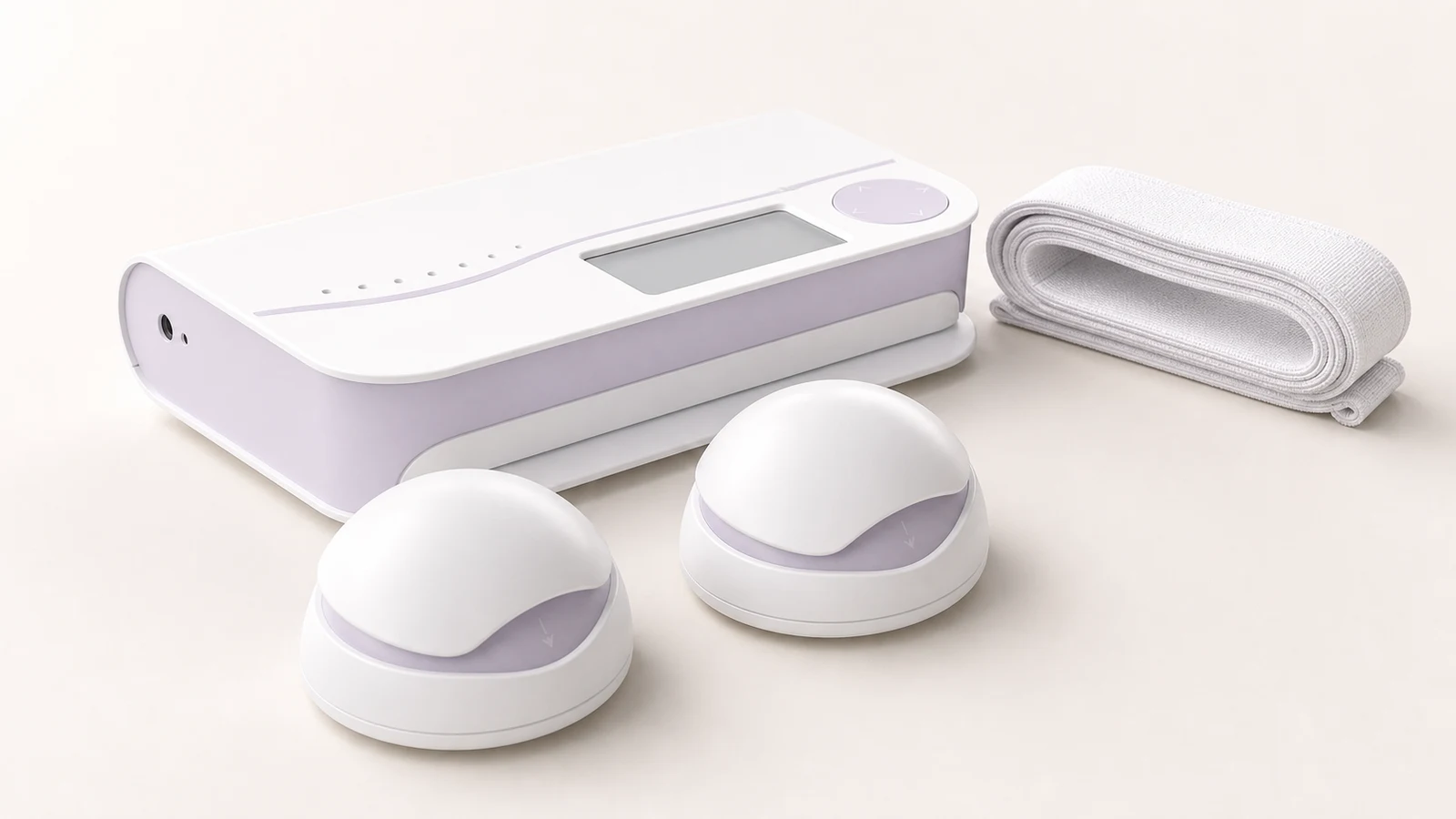 Fetaphon desktop fetal monitor — central unit with two hemisphere sensors and strap