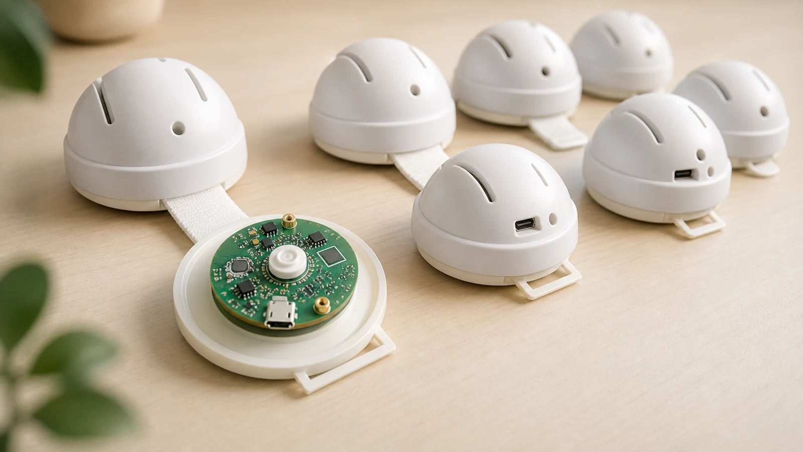 Fetaphon handheld sensors — multiple units in production, one open showing PCB